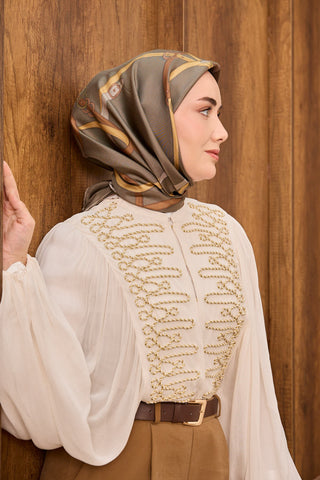 Twill İpek Eşarp Belt Print Yeşil Gri - Sura İpek Eşarp - | Silk Home