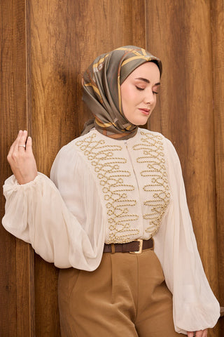 Twill İpek Eşarp Belt Print Yeşil Gri - Sura İpek Eşarp - | Silk Home