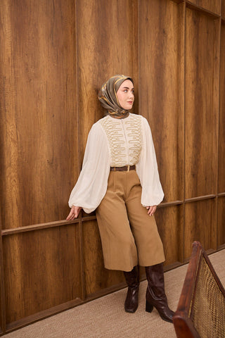Twill İpek Eşarp Belt Print Yeşil Gri - Sura İpek Eşarp - | Silk Home