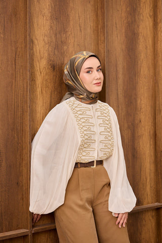 Twill İpek Eşarp Belt Print Yeşil Gri - Sura İpek Eşarp - | Silk Home