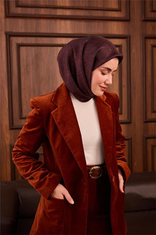 Twill İpek Eşarp Koyu Bordo-Tarçın Çiçek Desenli Tok Duruşlu Kaymaz 90X90