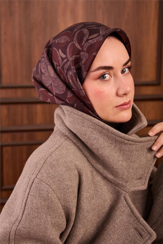Twill İpek Eşarp Bordo Kahve Pudra Vizon Papatya Desenli Tok Duruşlu 90X90