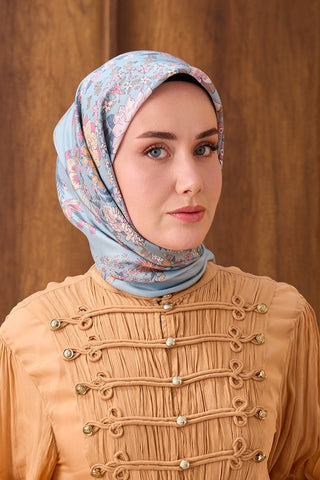Twill İpek Eşarp Botanical Bebe Mavi - Twill İpek Eşarp - | Silk Home
