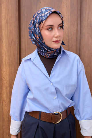 Twill İpek Eşarp Botanical Gece Mavisi - Twill İpek Eşarp - | Silk Home