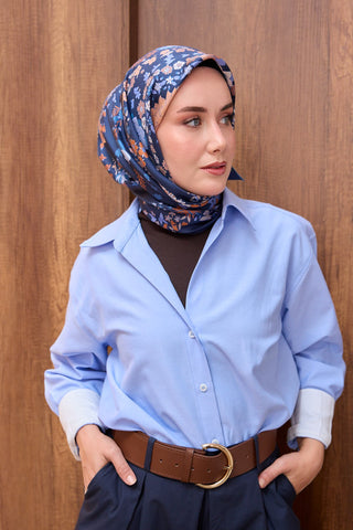 Twill İpek Eşarp Botanical Gece Mavisi - Twill İpek Eşarp - | Silk Home