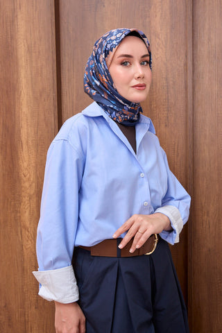 Twill İpek Eşarp Botanical Gece Mavisi - Twill İpek Eşarp - | Silk Home