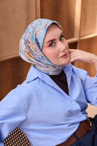 Twill İpek Eşarp Botanical Gri - Twill İpek Eşarp - | Silk Home