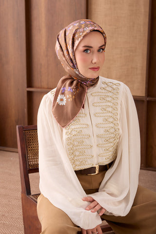 Twill İpek Eşarp Botanical Kahverengi - Twill İpek Eşarp - | Silk Home
