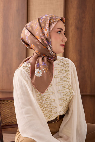 Twill İpek Eşarp Botanical Kahverengi - Twill İpek Eşarp - | Silk Home