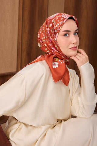 Twill İpek Eşarp Botanical Kiremit - Twill İpek Eşarp - | Silk Home
