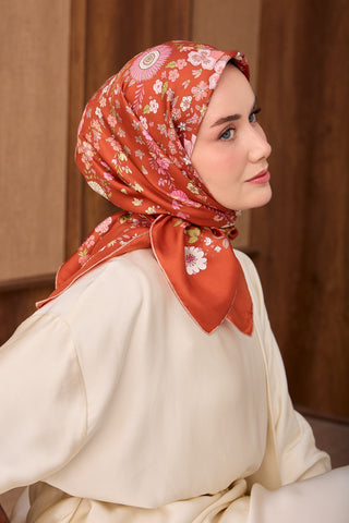 Twill İpek Eşarp Botanical Kiremit - Twill İpek Eşarp - | Silk Home