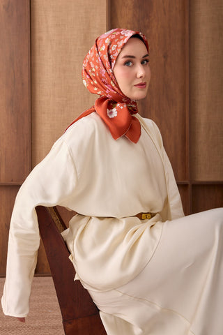Twill İpek Eşarp Botanical Kiremit - Twill İpek Eşarp - | Silk Home