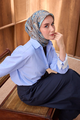 Twill İpek Eşarp Botanical Koyu Gri - Twill İpek Eşarp - | Silk Home