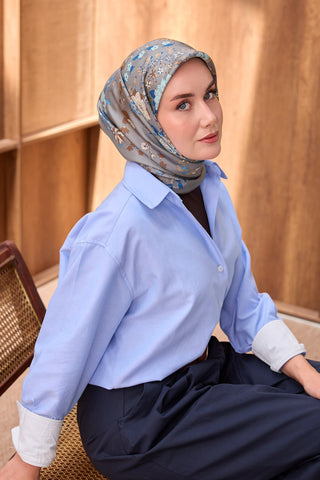 Twill İpek Eşarp Botanical Koyu Gri - Twill İpek Eşarp - | Silk Home