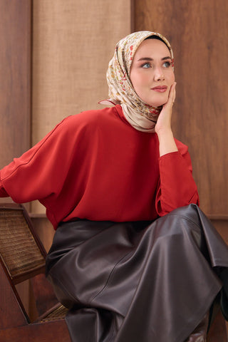 Twill İpek Eşarp Botanical Krem - Twill İpek Eşarp - | Silk Home