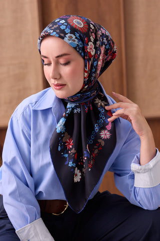 Twill İpek Eşarp Botanical Siyah - Twill İpek Eşarp - | Silk Home