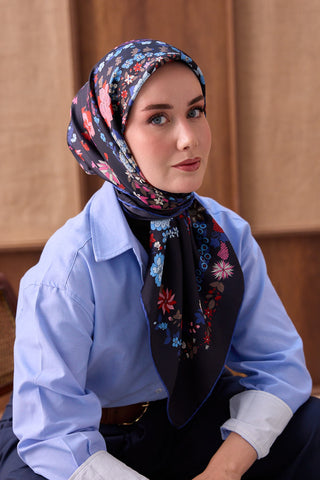 Twill İpek Eşarp Botanical Siyah - Twill İpek Eşarp - | Silk Home