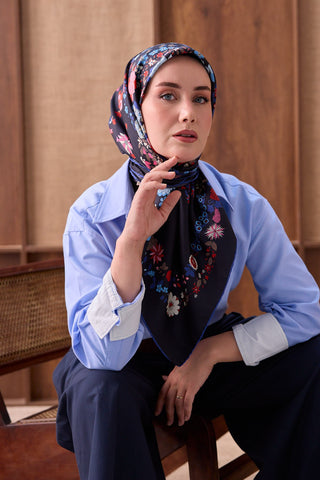 Twill İpek Eşarp Botanical Siyah - Twill İpek Eşarp - | Silk Home