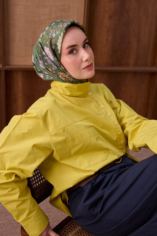 Twill İpek Eşarp Botanical Yeşil - Twill İpek Eşarp - | Silk Home