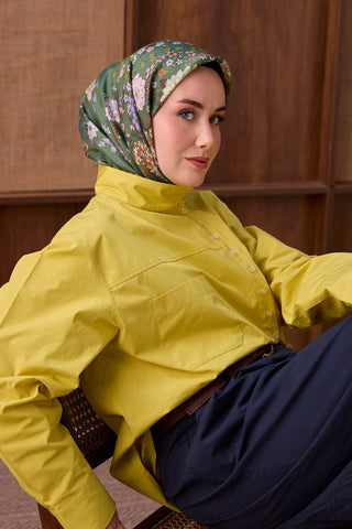 Twill İpek Eşarp Botanical Yeşil - Twill İpek Eşarp - | Silk Home