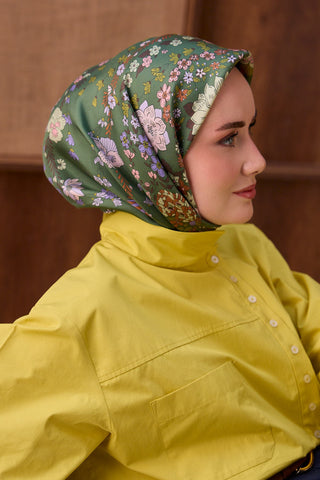 Twill İpek Eşarp Botanical Yeşil - Twill İpek Eşarp - | Silk Home