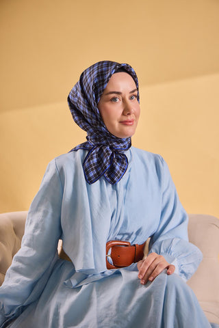 Twill İpek Eşarp Ekose Morcivert