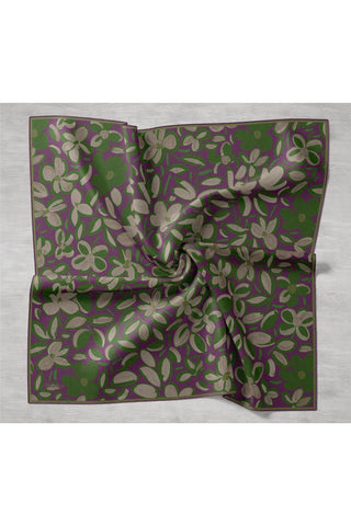Twill İpek Eşarp Erguvan Yeşil Vizon Papatya Desenli Tok Duruşlu 90X90