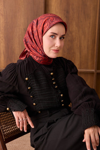 Twill İpek Eşarp Ethnic Paisley Koyu Kırmızı - Twill İpek Eşarp - | Silk Home
