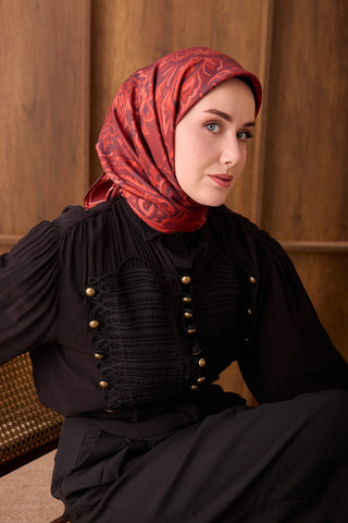 Twill İpek Eşarp Ethnic Paisley Koyu Kırmızı - Twill İpek Eşarp - | Silk Home