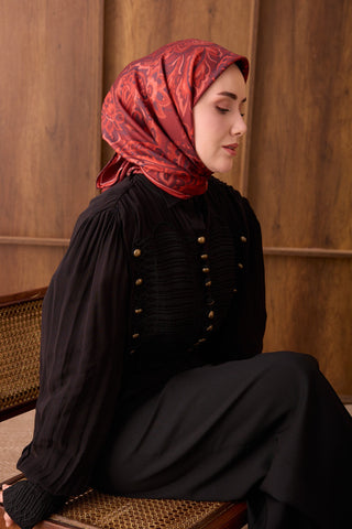 Twill İpek Eşarp Ethnic Paisley Koyu Kırmızı - Twill İpek Eşarp - | Silk Home
