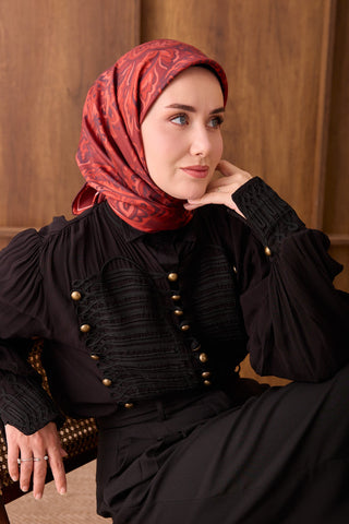 Twill İpek Eşarp Ethnic Paisley Koyu Kırmızı - Twill İpek Eşarp - | Silk Home