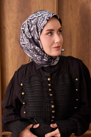 Twill İpek Eşarp Ethnic Paisley Siyah - Twill İpek Eşarp - | Silk Home