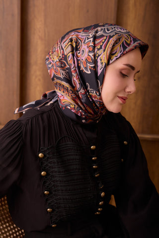 Twill İpek Eşarp Ethnic Paisley Siyah - Twill İpek Eşarp - | Silk Home