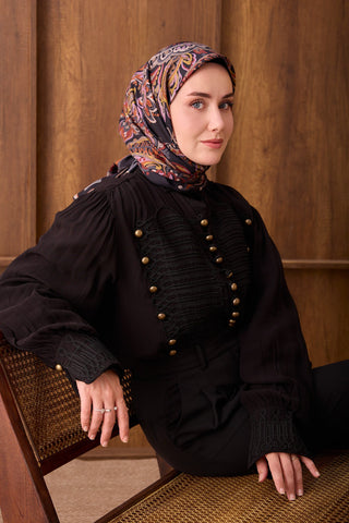 Twill İpek Eşarp Ethnic Paisley Siyah - Twill İpek Eşarp - | Silk Home