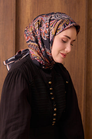 Twill İpek Eşarp Ethnic Paisley Siyah - Twill İpek Eşarp - | Silk Home