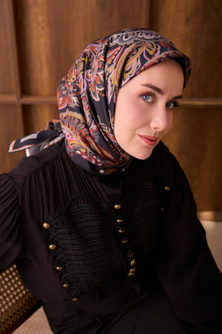 Twill İpek Eşarp Ethnic Paisley Siyah - Twill İpek Eşarp - | Silk Home