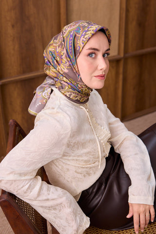 Twill İpek Eşarp Ethnic Paisley Yağ Yeşili - Twill İpek Eşarp - | Silk Home