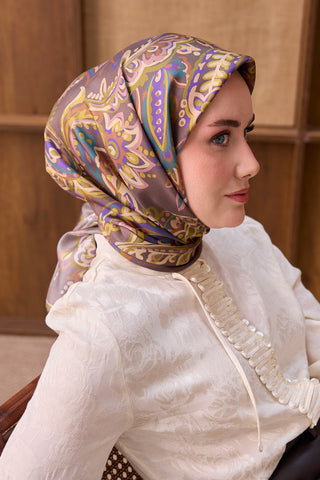 Twill İpek Eşarp Ethnic Paisley Yağ Yeşili - Twill İpek Eşarp - | Silk Home