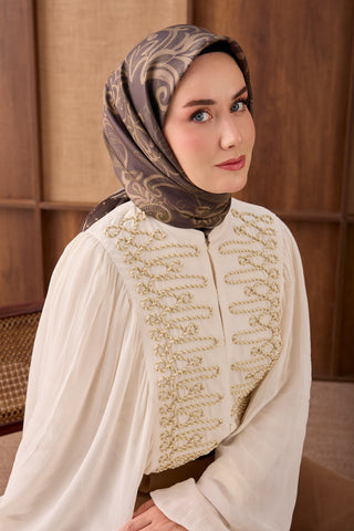 Twill İpek Eşarp Floral Paisley Acı Kahve - Twill İpek Eşarp - | Silk Home