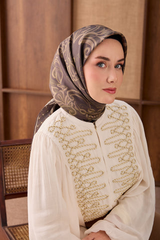 Twill İpek Eşarp Floral Paisley Acı Kahve - Twill İpek Eşarp - | Silk Home
