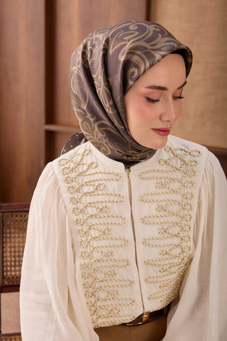 Twill İpek Eşarp Floral Paisley Acı Kahve - Twill İpek Eşarp - | Silk Home