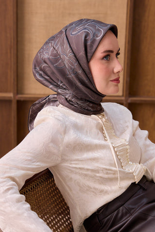 Twill İpek Eşarp Floral Paisley Acı Kahve - Twill İpek Eşarp - | Silk Home