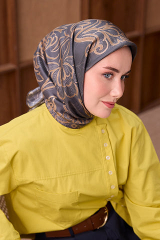 Twill İpek Eşarp Floral Paisley Füme - Twill İpek Eşarp - | Silk Home