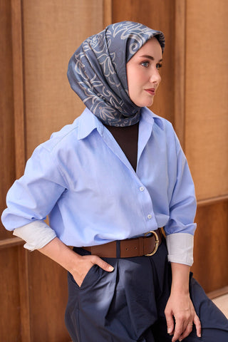 Twill İpek Eşarp Floral Paisley Gece Mavisi - Twill İpek Eşarp - | Silk Home