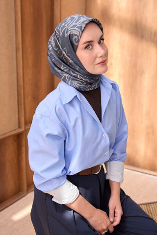Twill İpek Eşarp Floral Paisley Gece Mavisi - Twill İpek Eşarp - | Silk Home