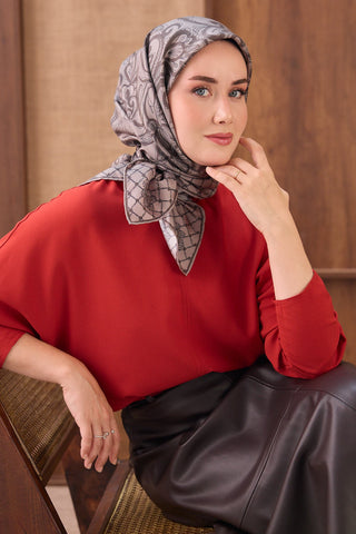Twill İpek Eşarp Floral Paisley Gri - Twill İpek Eşarp - | Silk Home