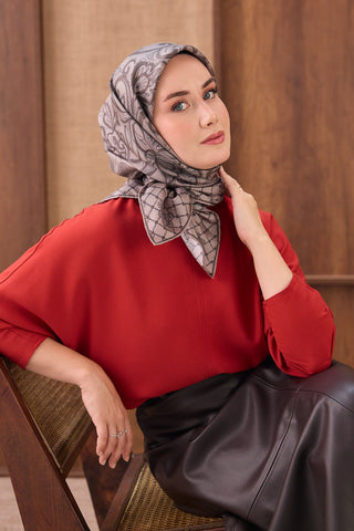 Twill İpek Eşarp Floral Paisley Gri - Twill İpek Eşarp - | Silk Home