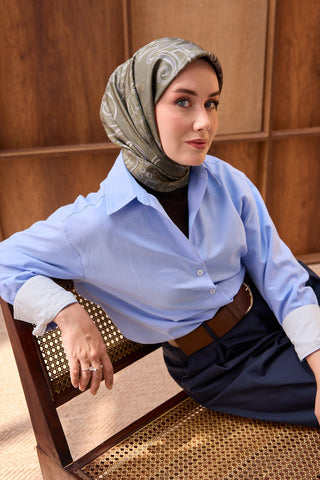 Twill İpek Eşarp Floral Paisley Haki - Twill İpek Eşarp - | Silk Home