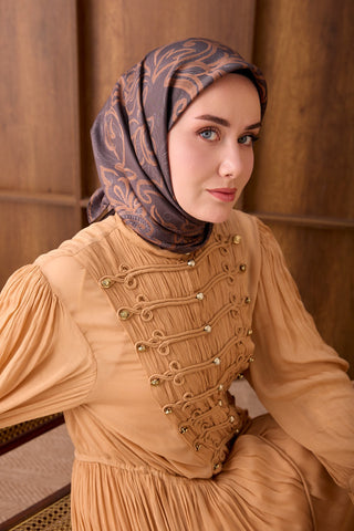 Twill İpek Eşarp Floral Paisley Kahverengi - Twill İpek Eşarp - | Silk Home