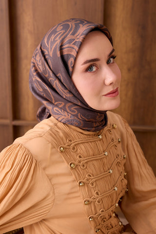 Twill İpek Eşarp Floral Paisley Kahverengi - Twill İpek Eşarp - | Silk Home